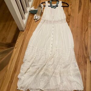 Beach or woods wedding long white dress, MOP buttons, lace detail all over